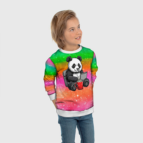 Детский свитшот Панда с кофе за ноутом / 3D-Белый – фото 3