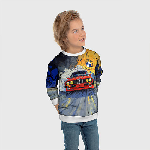 Детский свитшот Красная BMW на скорости / 3D-Белый – фото 3