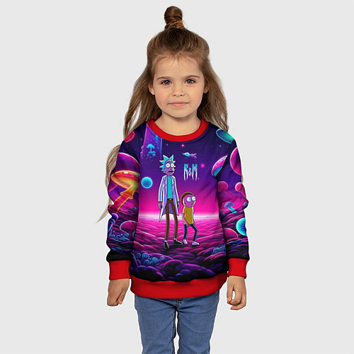 Детский свитшот Морти и Рик на планете неоновых сказочных грибов / 3D-Красный – фото 4
