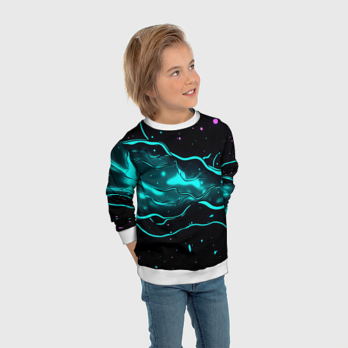Детский свитшот Голубые неоновые волны текстура / 3D-Белый – фото 3