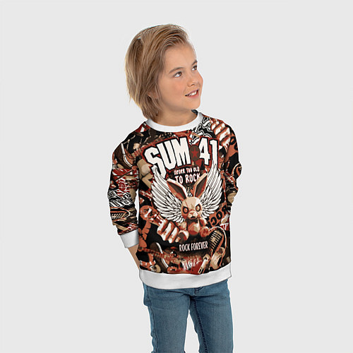 Детский свитшот Sum 41 на фоне кролика и гитар / 3D-Белый – фото 3
