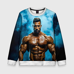 Свитшот детский Бодибилдер в синем дыму, цвет: 3D-белый