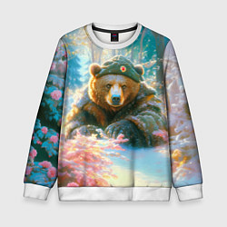Свитшот детский Русский медведь военный в лесу, цвет: 3D-белый