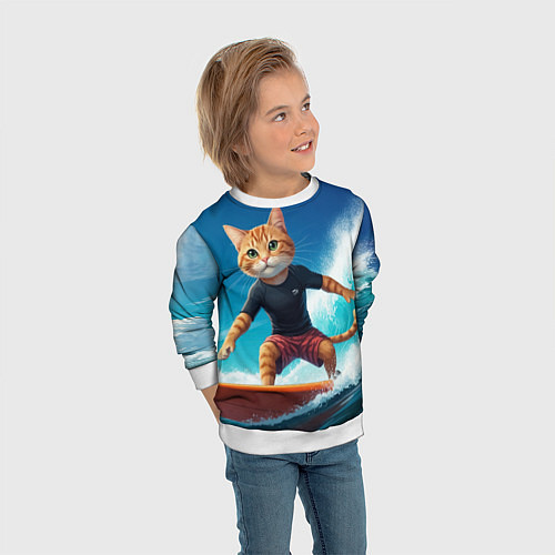 Детский свитшот Кот серфер на волне / 3D-Белый – фото 3