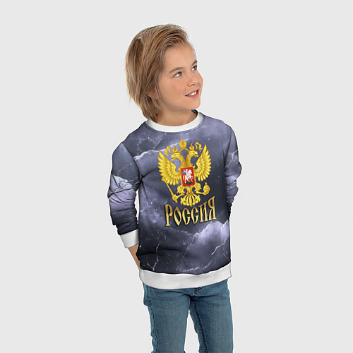 Детский свитшот Герб России фиолетовое небо с молниями / 3D-Белый – фото 3