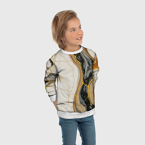 Детский свитшот Золотистые прожилки в мраморе / 3D-Белый – фото 3
