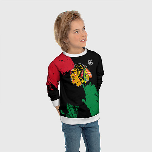 Детский свитшот Чикаго Блэкхокс - брызги красок / 3D-Белый – фото 3