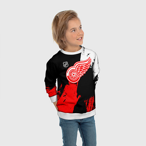 Детский свитшот Детройт Ред Уингз - брызги краска на черном фоне / 3D-Белый – фото 3