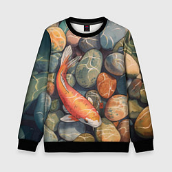 Свитшот детский Акварельный Кои карп и камушки галька, цвет: 3D-черный