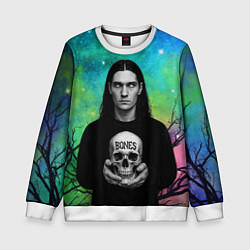 Свитшот детский Bones без зрачков держит череп в руках, цвет: 3D-белый