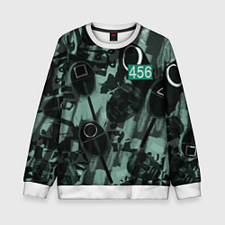Свитшот детский Номер 456 на фоне масок игры в кальмара, цвет: 3D-белый