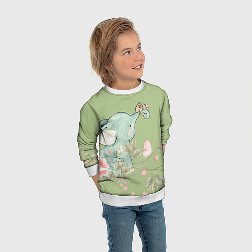 Детский свитшот Слоненок с зайчиком в цветах на зеленом / 3D-Белый – фото 3