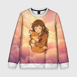 Свитшот детский Девочка обнимает лисичку, цвет: 3D-белый