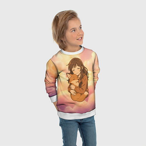 Детский свитшот Девочка обнимает лисичку / 3D-Белый – фото 3