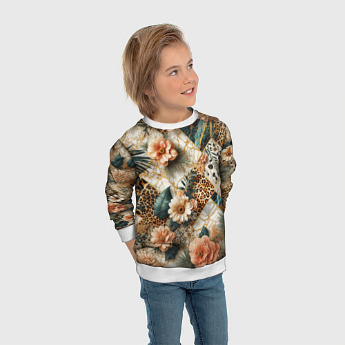 Детский свитшот Цветы на кусках мрамора и леопардовом узоре / 3D-Белый – фото 3