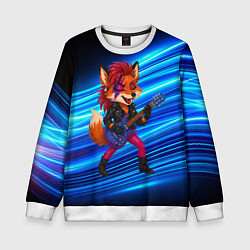 Свитшот детский Лиса в косухе и гитарой - рок звезда, цвет: 3D-белый