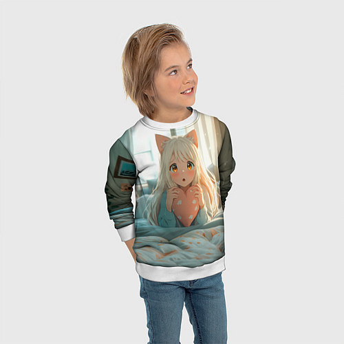 Детский свитшот Аниме девушка в кровати с сердцем / 3D-Белый – фото 3