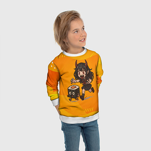 Детский свитшот Девочка дьявол бежит за роллом / 3D-Белый – фото 3