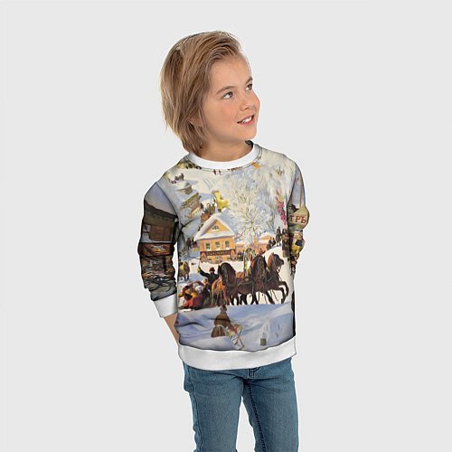 Детский свитшот Русская тройка зимой - картина Масленица Кустодиев / 3D-Белый – фото 3