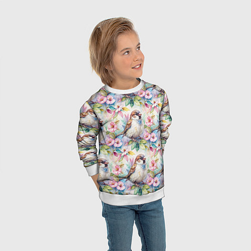 Детский свитшот Воробей в ярких цветах паттерн / 3D-Белый – фото 3