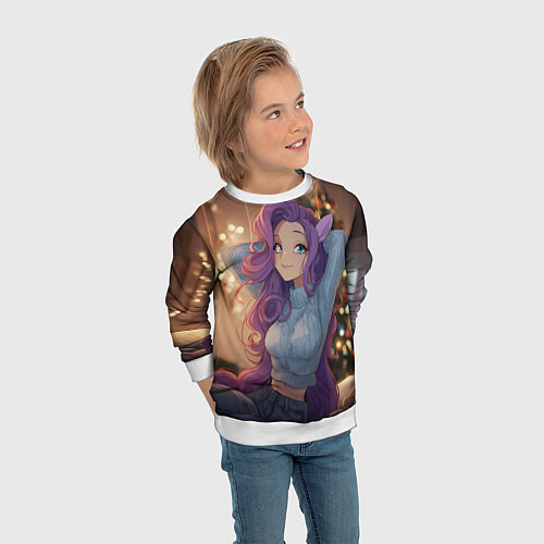 Детский свитшот Девушка в образе лошадки на новый год / 3D-Белый – фото 3