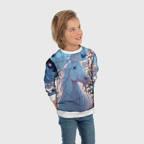 Детский свитшот Белая лошадка у новогодней елки / 3D-Белый – фото 3
