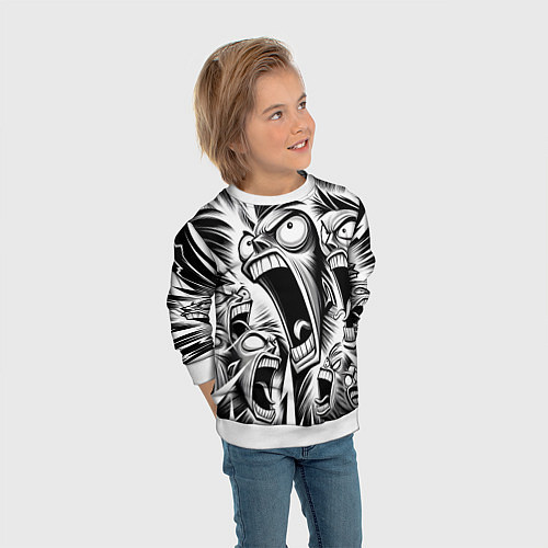 Детский свитшот Орущие рожицы и чёрные молнии - нейроарт / 3D-Белый – фото 3