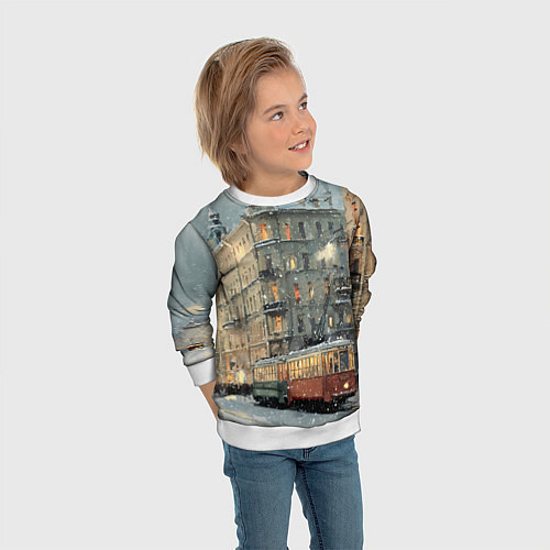 Детский свитшот Трамваи в зимнем Санкт-Петербурге / 3D-Белый – фото 3