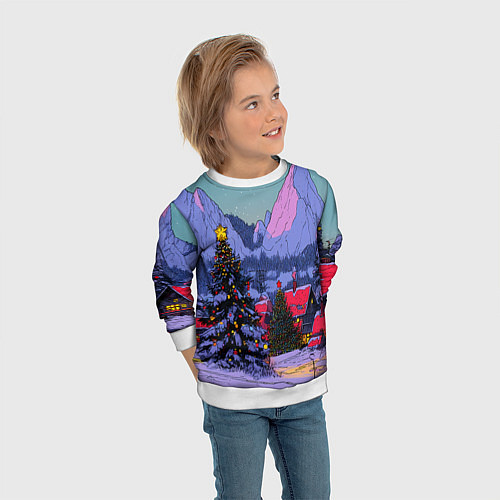 Детский свитшот Новогодние елки в горном городке / 3D-Белый – фото 3