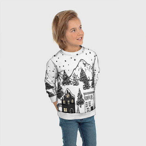 Детский свитшот Заснеженный черно-белый город / 3D-Белый – фото 3