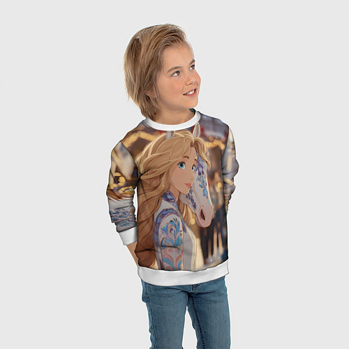 Детский свитшот Блондинка с новогодней лошадкой / 3D-Белый – фото 3