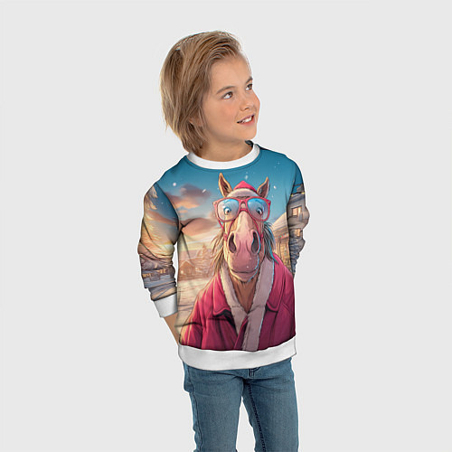 Детский свитшот Удивленная лошадь в очках / 3D-Белый – фото 3