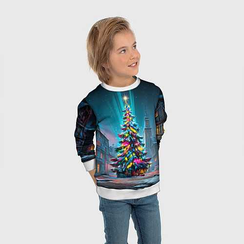 Детский свитшот Новогодняя елка в гирляндах / 3D-Белый – фото 3