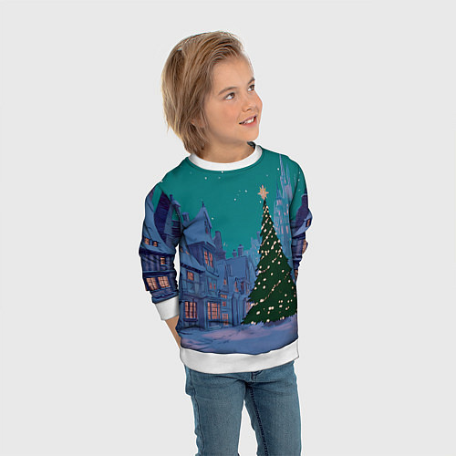 Детский свитшот Зеленая новогодняя елка во вдоре / 3D-Белый – фото 3
