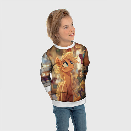 Детский свитшот Милая лошадка любуется елкой / 3D-Белый – фото 3