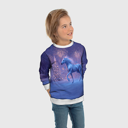 Детский свитшот Лошадь и новогодний салют / 3D-Белый – фото 3