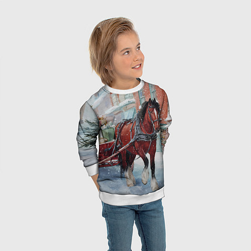 Детский свитшот Лошадка с новогодней повозкой / 3D-Белый – фото 3