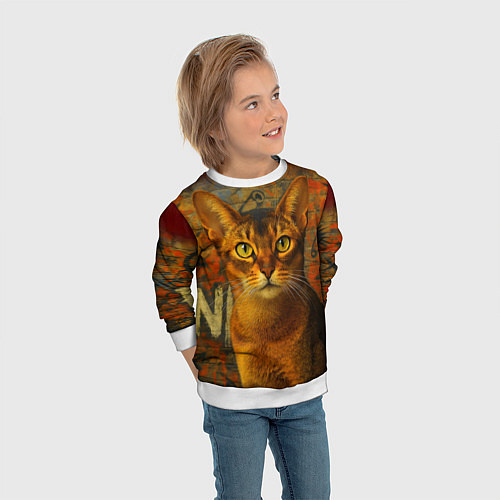 Детский свитшот Абиссинская кошка на фоне кирпичной стены с граффи / 3D-Белый – фото 3