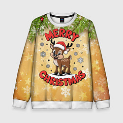Свитшот детский Олень в шапке Санты, цвет: 3D-белый