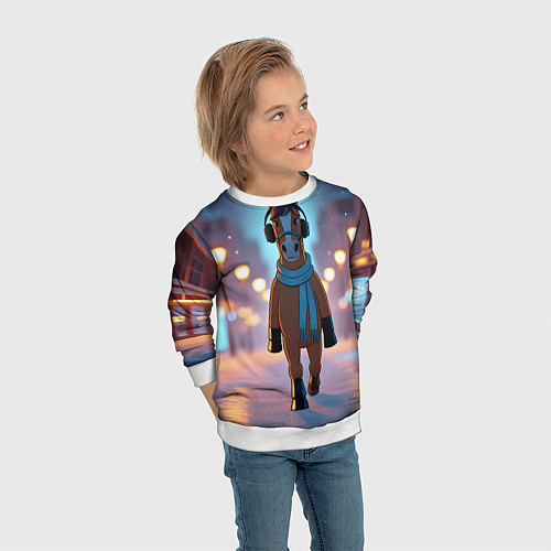 Детский свитшот Конь в шарфе и наушниках / 3D-Белый – фото 3