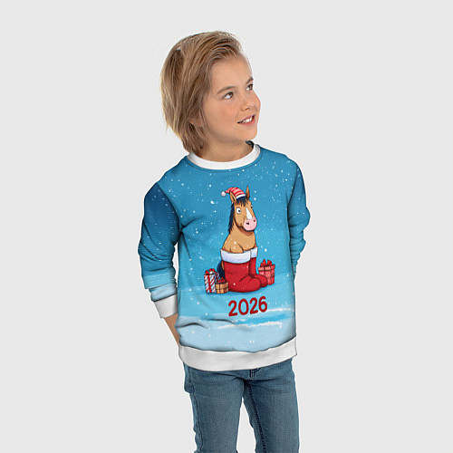 Детский свитшот Лошадь в сапогах Санты / 3D-Белый – фото 3