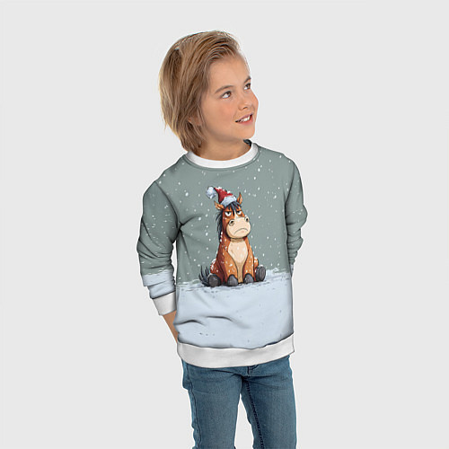 Детский свитшот Лошадка на фоне снегопада / 3D-Белый – фото 3