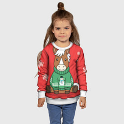 Свитшот детский Новогодняя лошадка в зеленом свитере, цвет: 3D-белый — фото 2