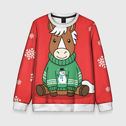 Свитшот детский Новогодняя лошадка в зеленом свитере, цвет: 3D-белый