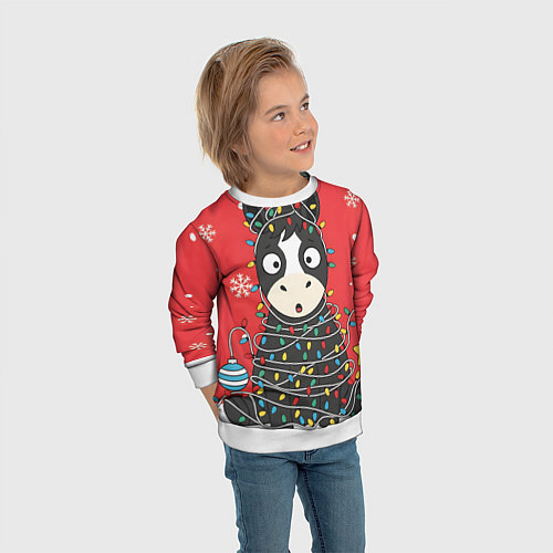 Детский свитшот Лошадка в новогодних огоньках / 3D-Белый – фото 3