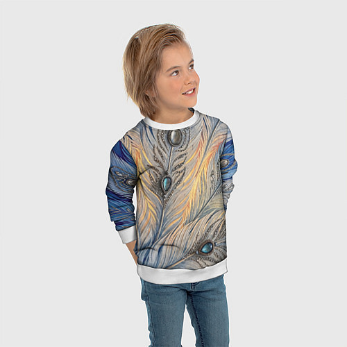 Детский свитшот Синие перья с самоцветами / 3D-Белый – фото 3
