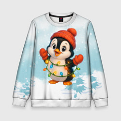 Свитшот детский Пингвинчик в свете зимних огней, цвет: 3D-белый