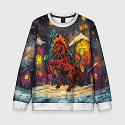 Свитшот детский Красная огненная лошадь панк в городе, цвет: 3D-белый
