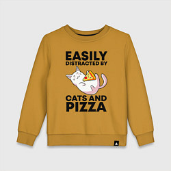 Свитшот хлопковый детский Легко отвлекаюсь на котов и пиццу, цвет: горчичный