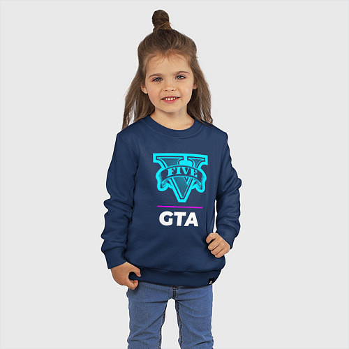 Детский свитшот Символ GTA в неоновых цветах / Тёмно-синий – фото 3